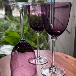 Purple Crystal Wine Glasses, Set of 3, Hand Blown with Clear Stems, 8"